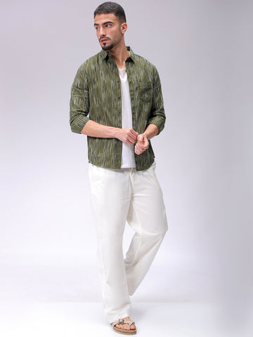 Men's Olive Slim Fit Striped Casual Shirt