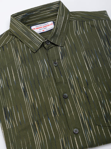 Men's Olive Slim Fit Striped Casual Shirt