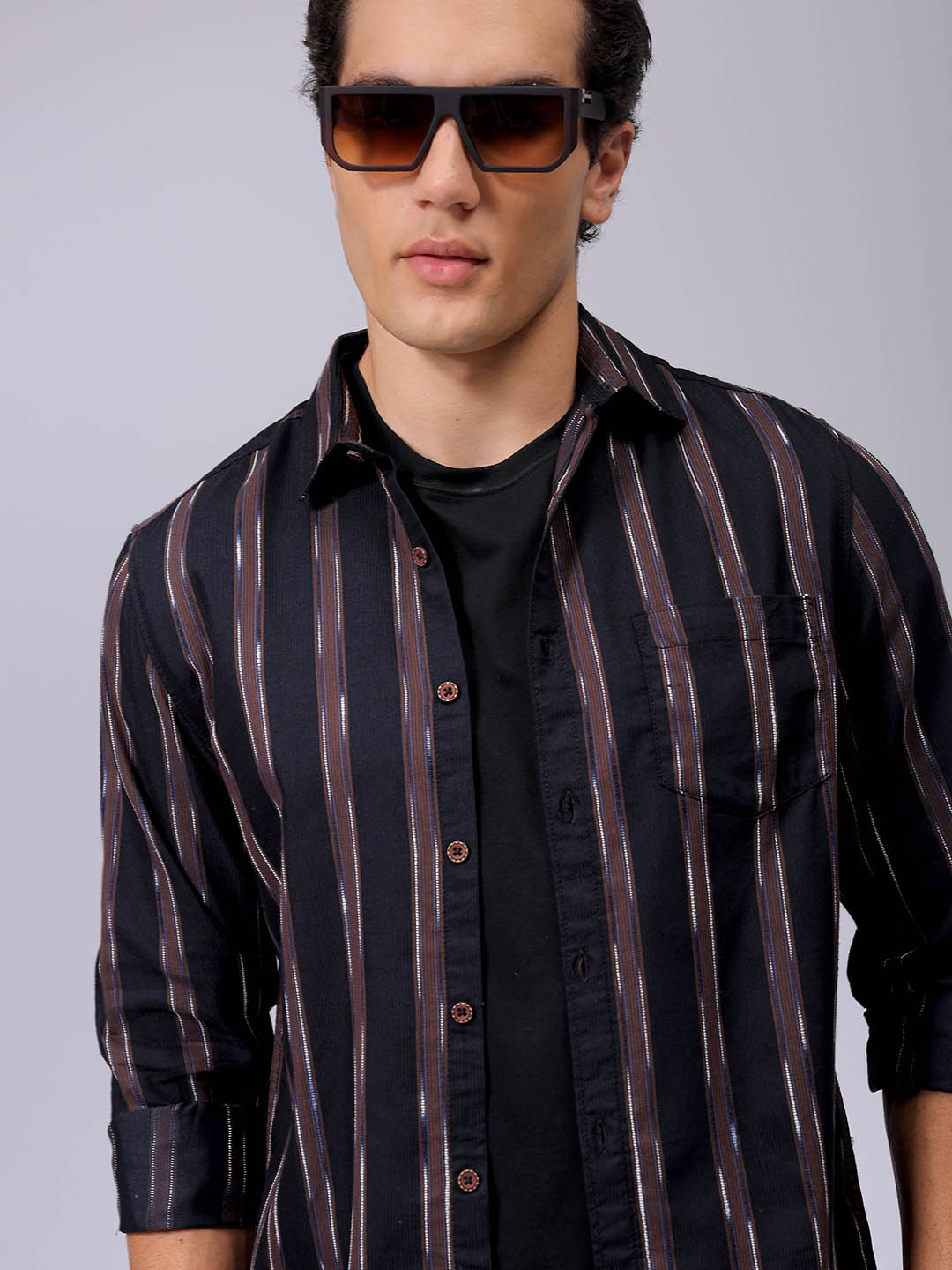 Men's Brown Slim Fit Striped Casual Shirt