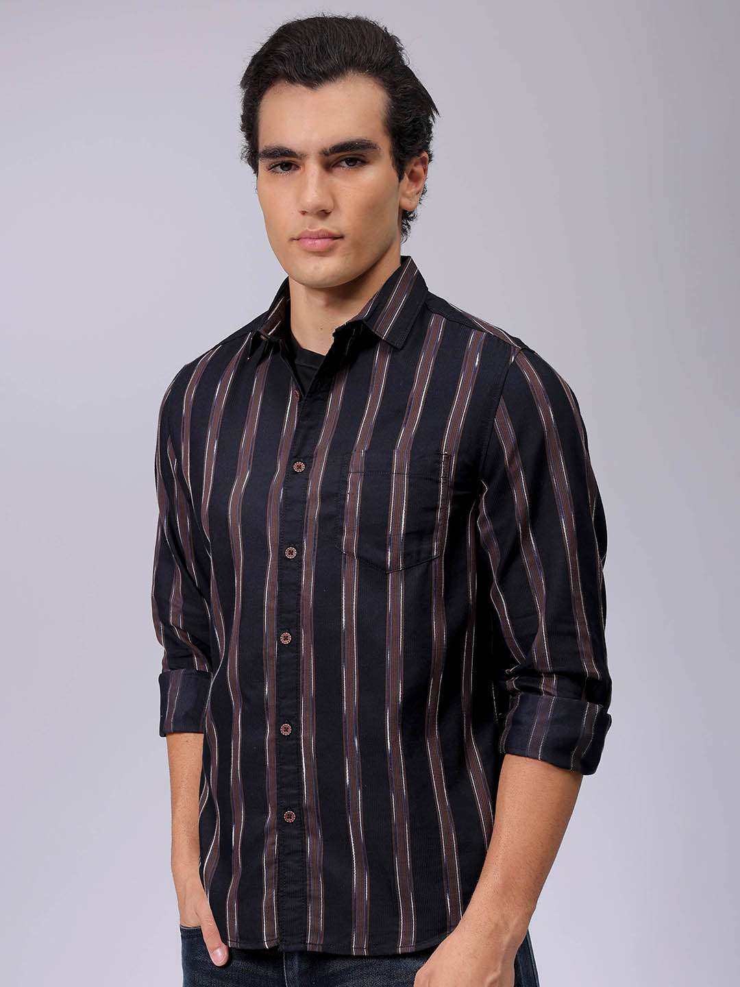 Men's Brown Slim Fit Striped Casual Shirt