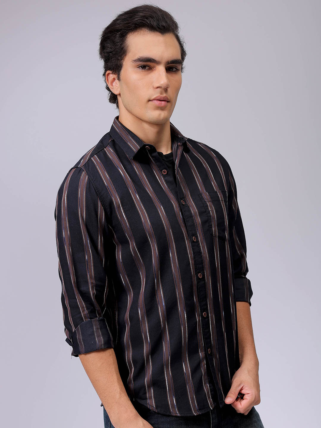 Men's Brown Slim Fit Striped Casual Shirt