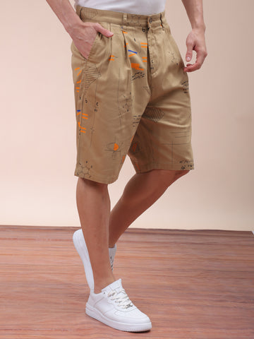 Men's Beige Relaxed Fit Face Print Shorts