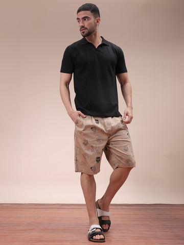Men's Oxford Tan Relaxed Fit Printed Casual Shorts