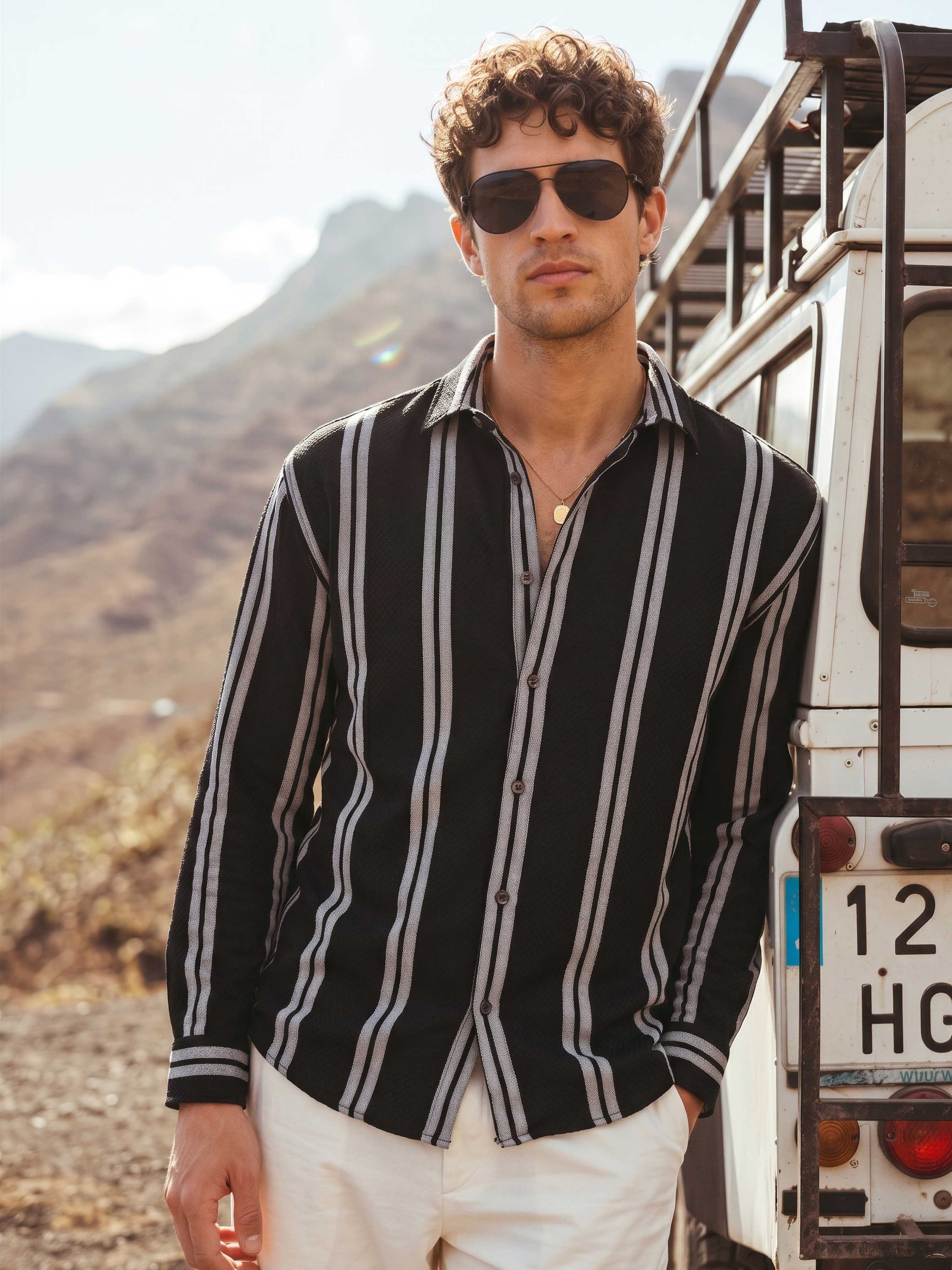 Men's Black Relaxed Fit Striped Casual Shirt