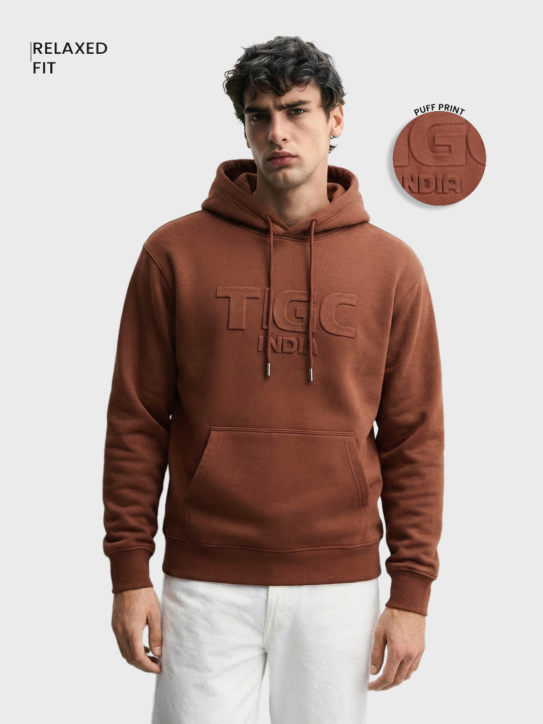 Men's Brown Relaxed Fit Embroided Casual Sweatshirt