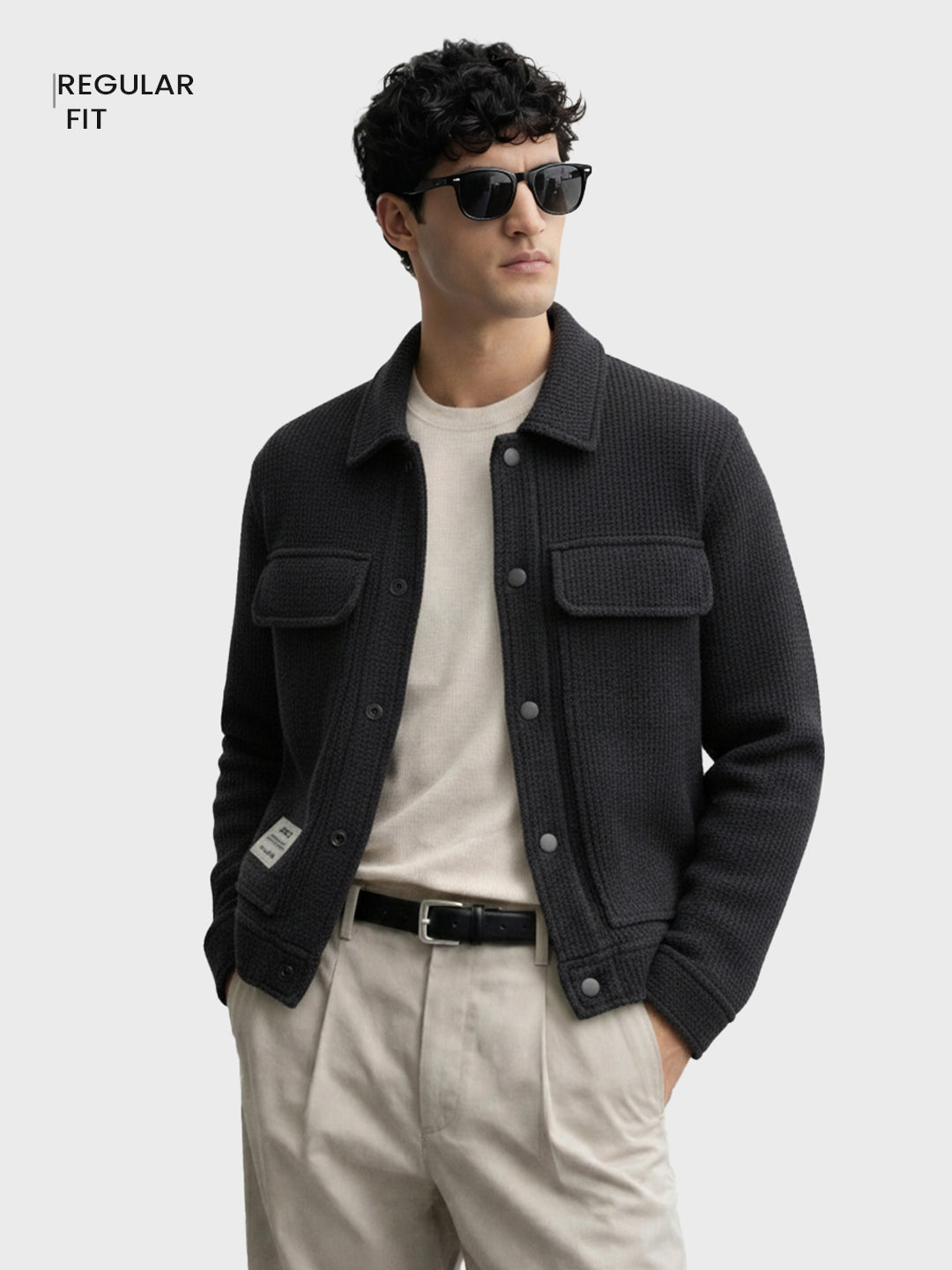 Men's Black Regular Fit Textured Casual Jacket