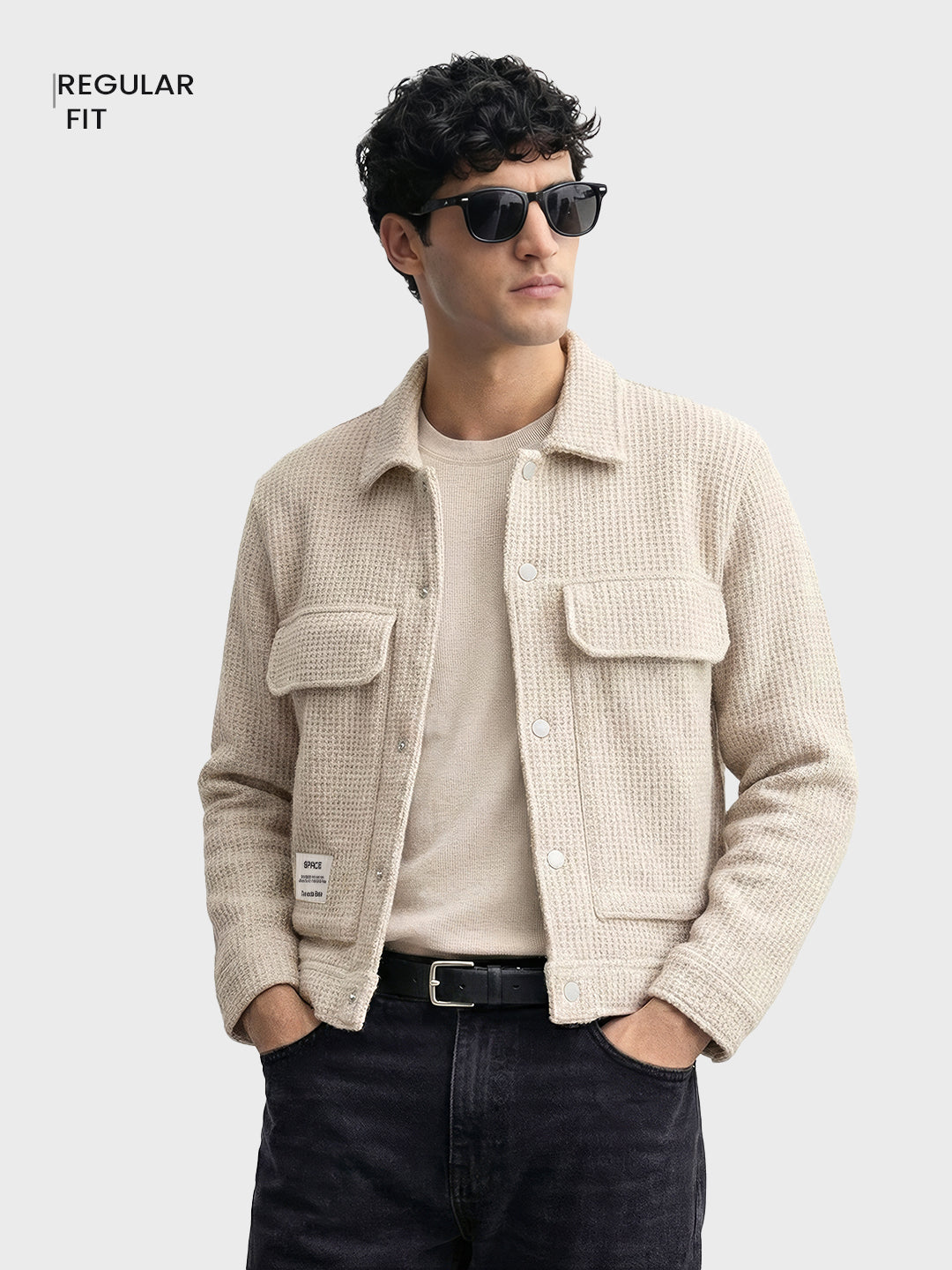 Men's Cream Regular Fit Textured Casual Jacket