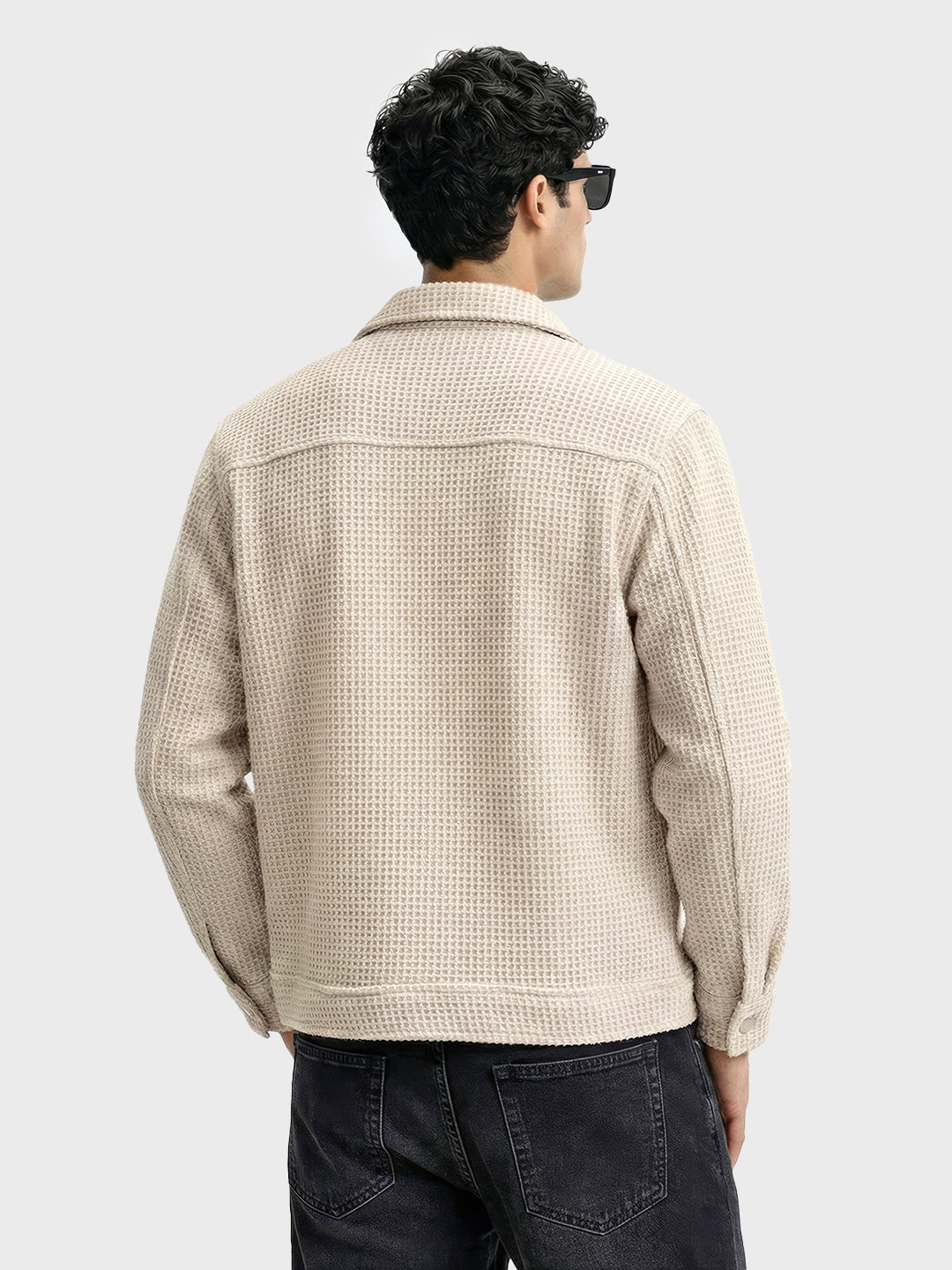 Men's Cream Regular Fit Textured Casual Jacket