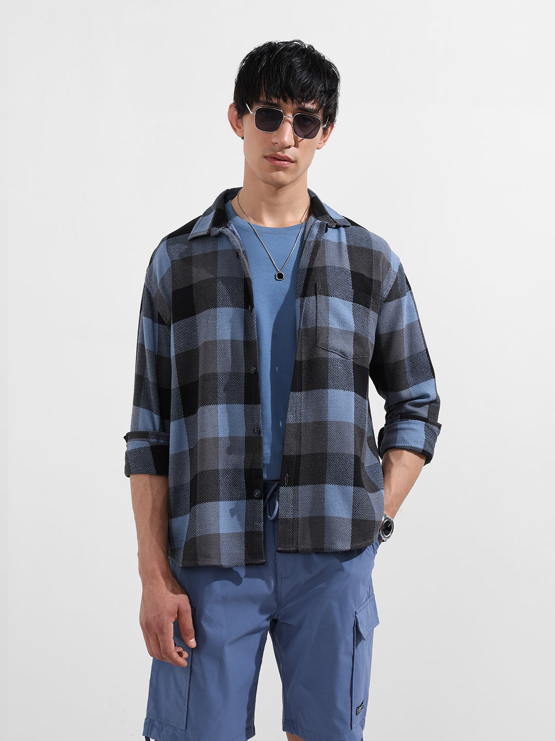 Men's Blue Relaxed Fit Casual Checkered Shirt