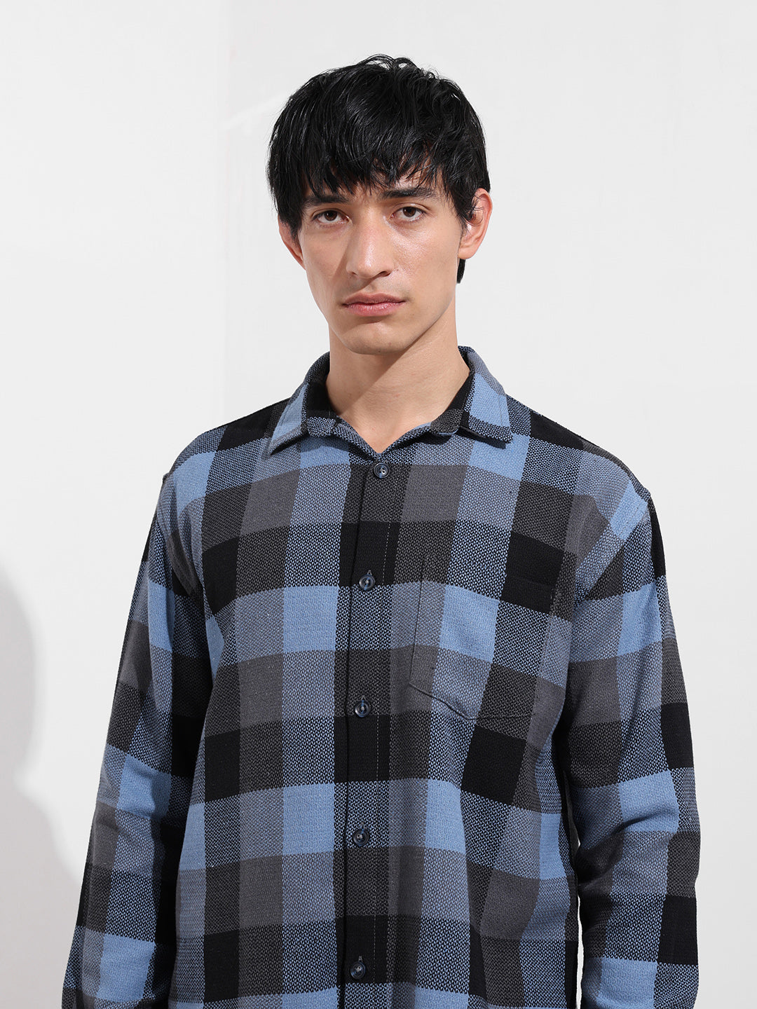 Men's Blue Relaxed Fit Casual Checkered Shirt