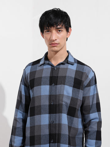 Men's Blue Relaxed Fit Casual Checkered Shirt