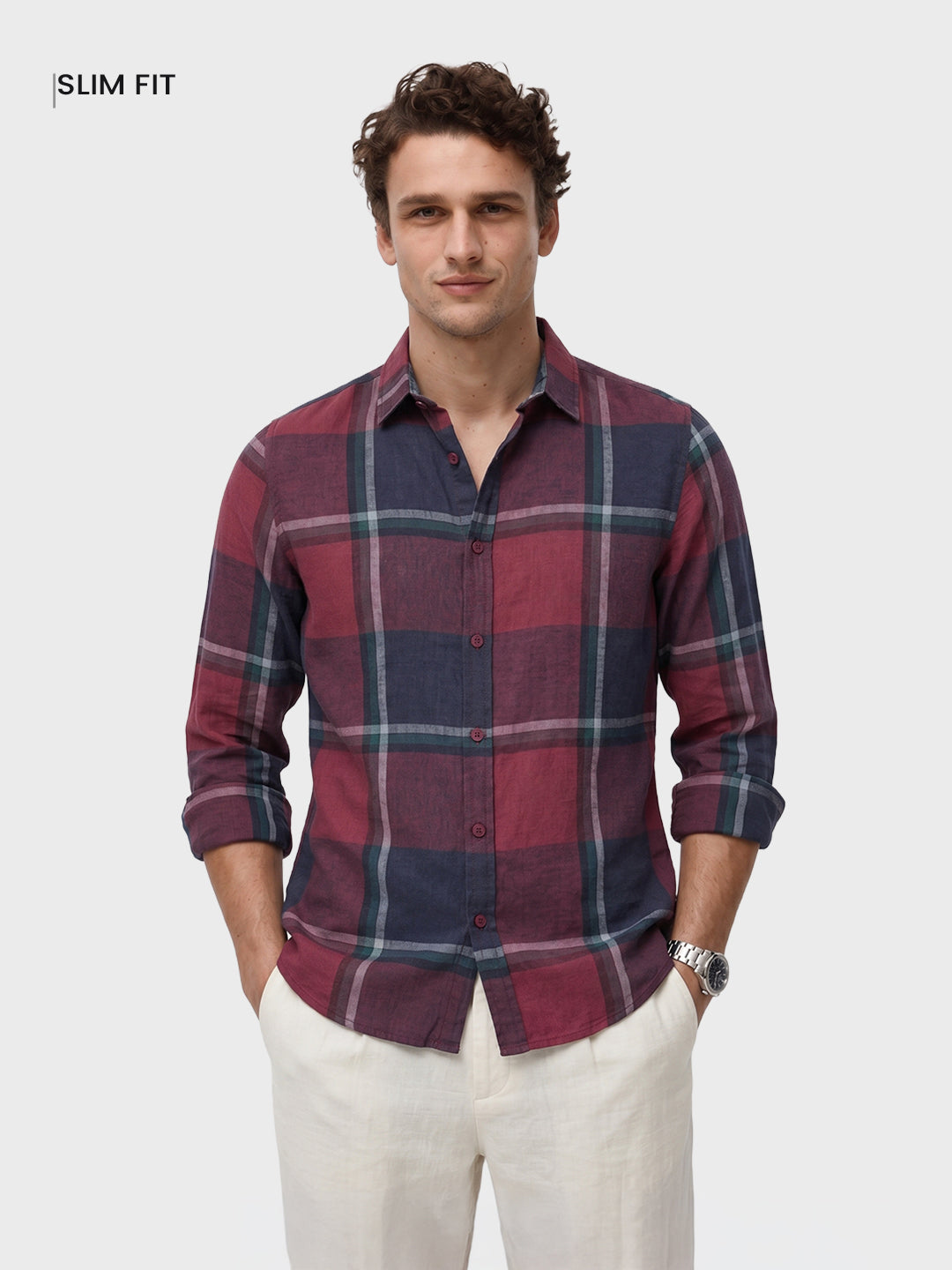 Men's Maroon Slim Fit Checked Casual Shirt