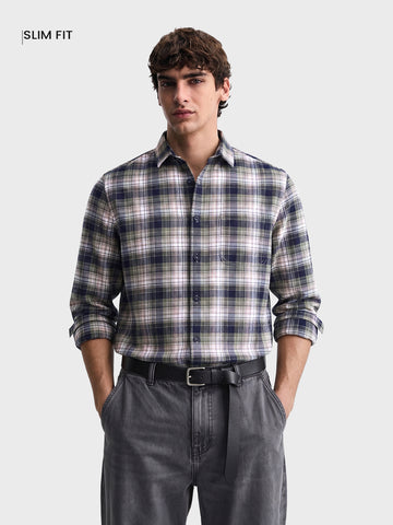 Men's Navy Blue Slim Fit Checkered Casual Shirt