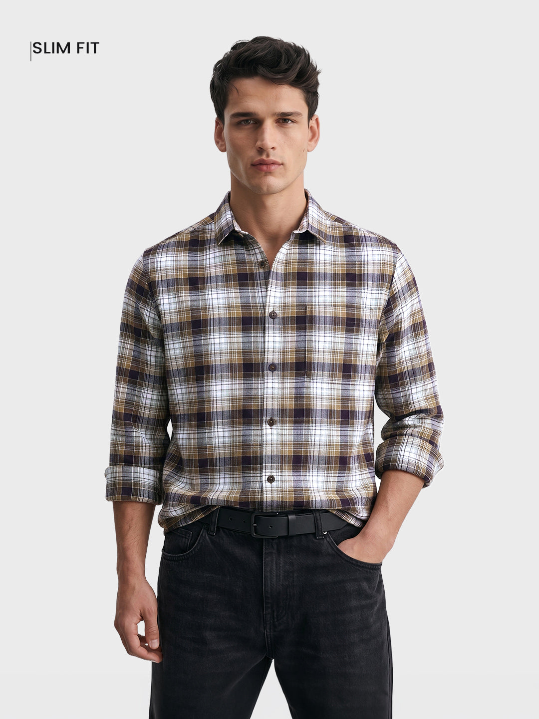 Men's Brown Slim Fit Checkered Casual Shirt