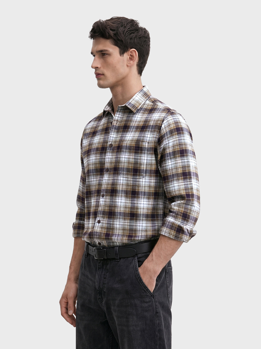 Men's Brown Slim Fit Checkered Casual Shirt