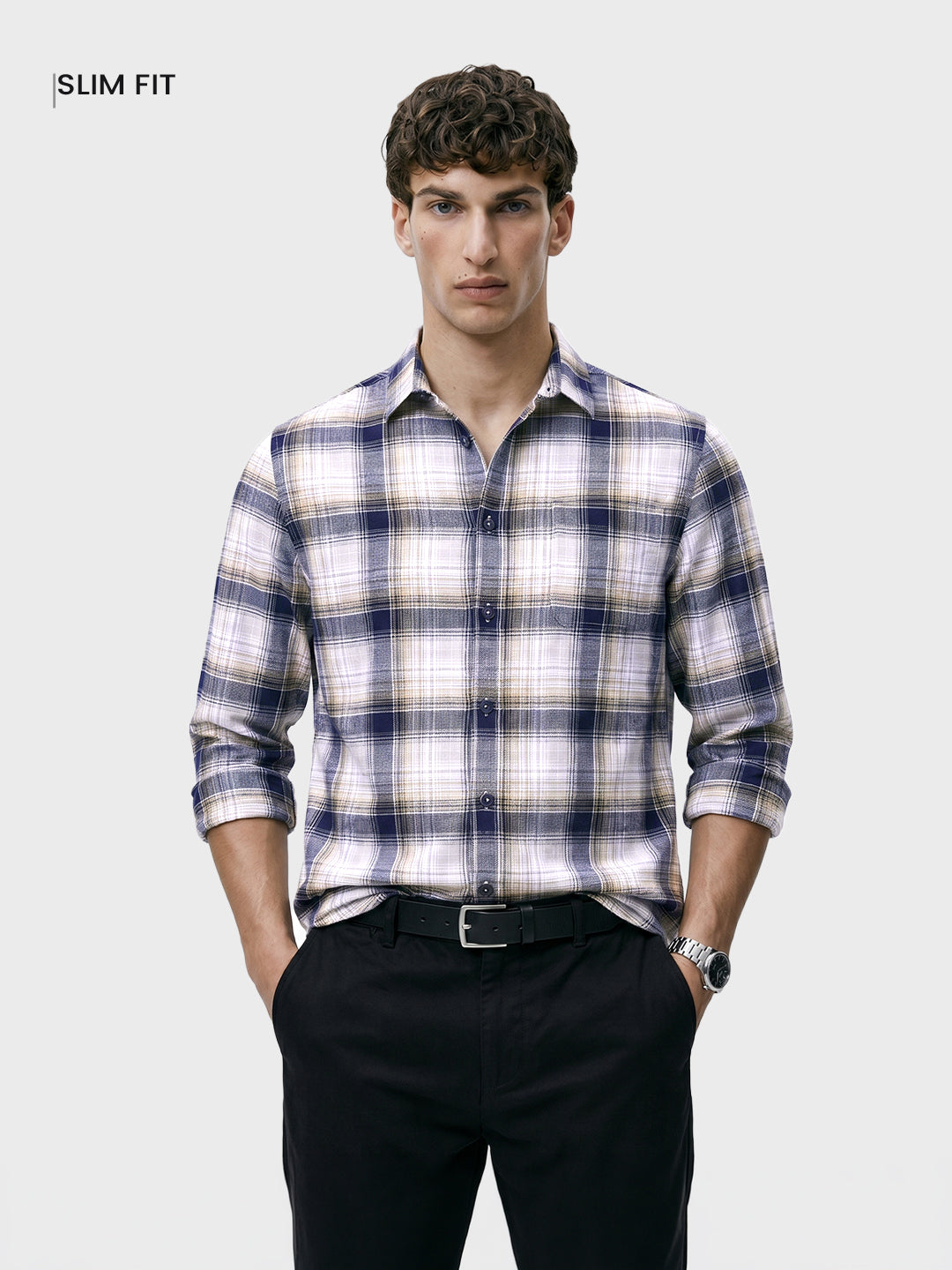 Men's Blue Slim Fit Checkered Casual Shirt