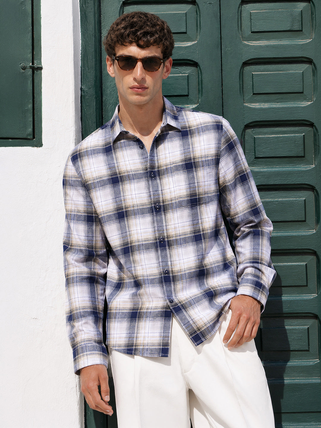 Men's Blue Slim Fit Checkered Casual Shirt
