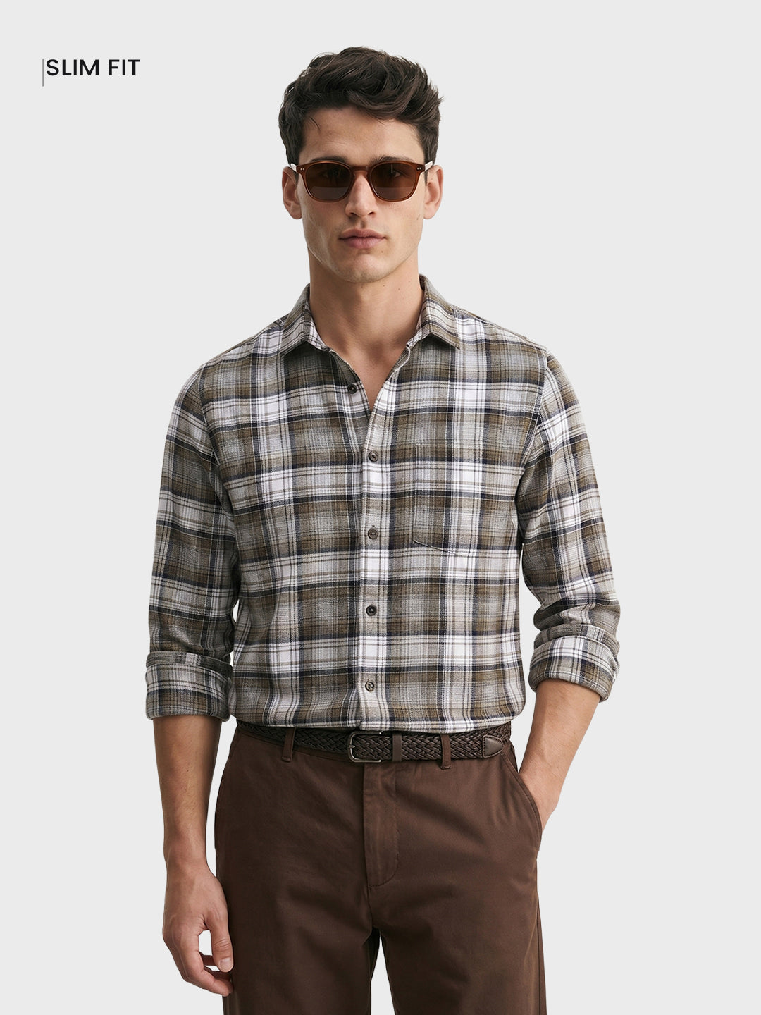 Men's Khaki Slim Fit Checkered Casual Shirt