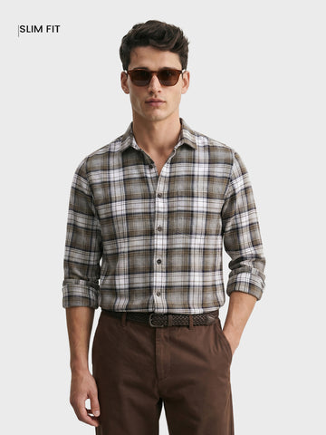 Men's Khaki Slim Fit Checkered Casual Shirt