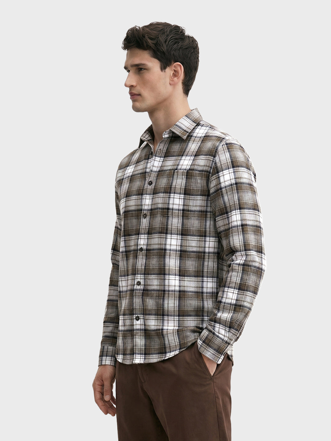 Men's Khaki Slim Fit Checkered Casual Shirt