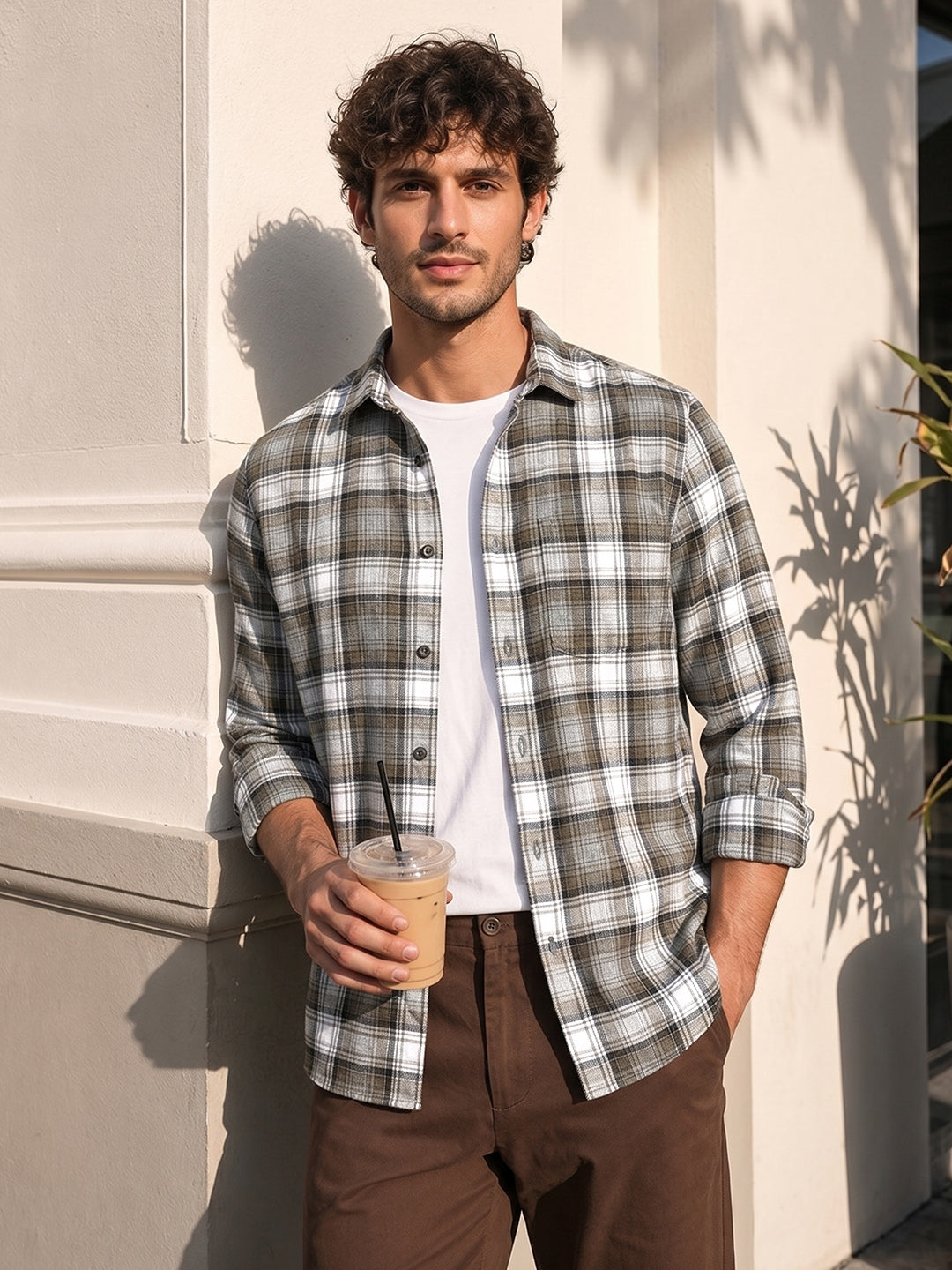 Men's Khaki Slim Fit Checkered Casual Shirt