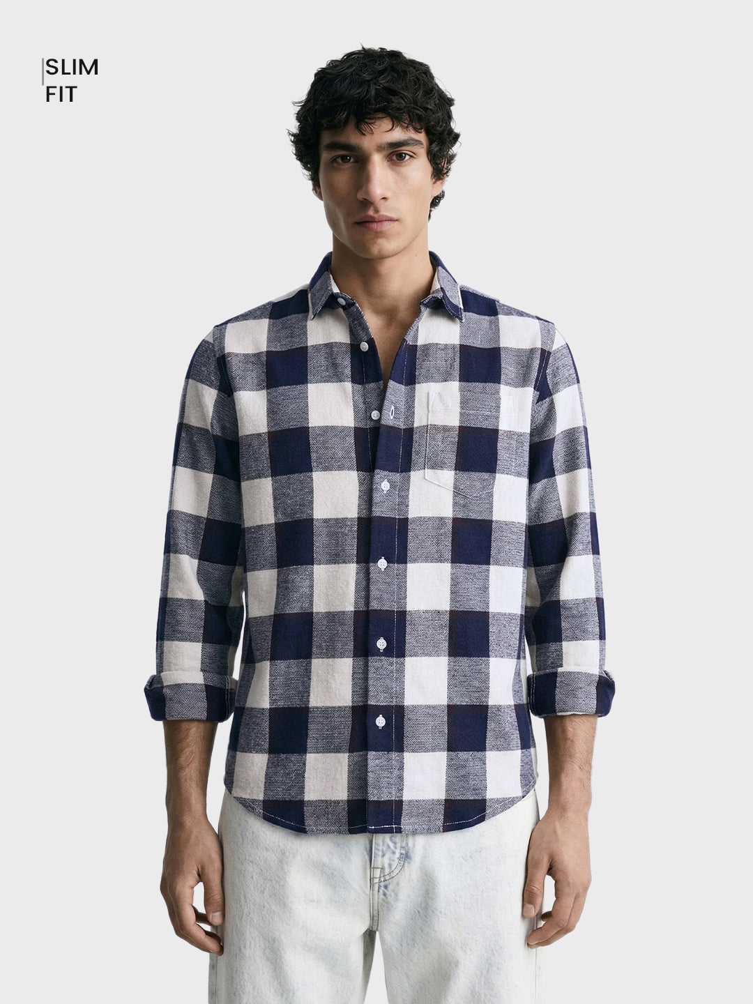 Men's Navy Blue Slim Fit Checked Casual Shirt
