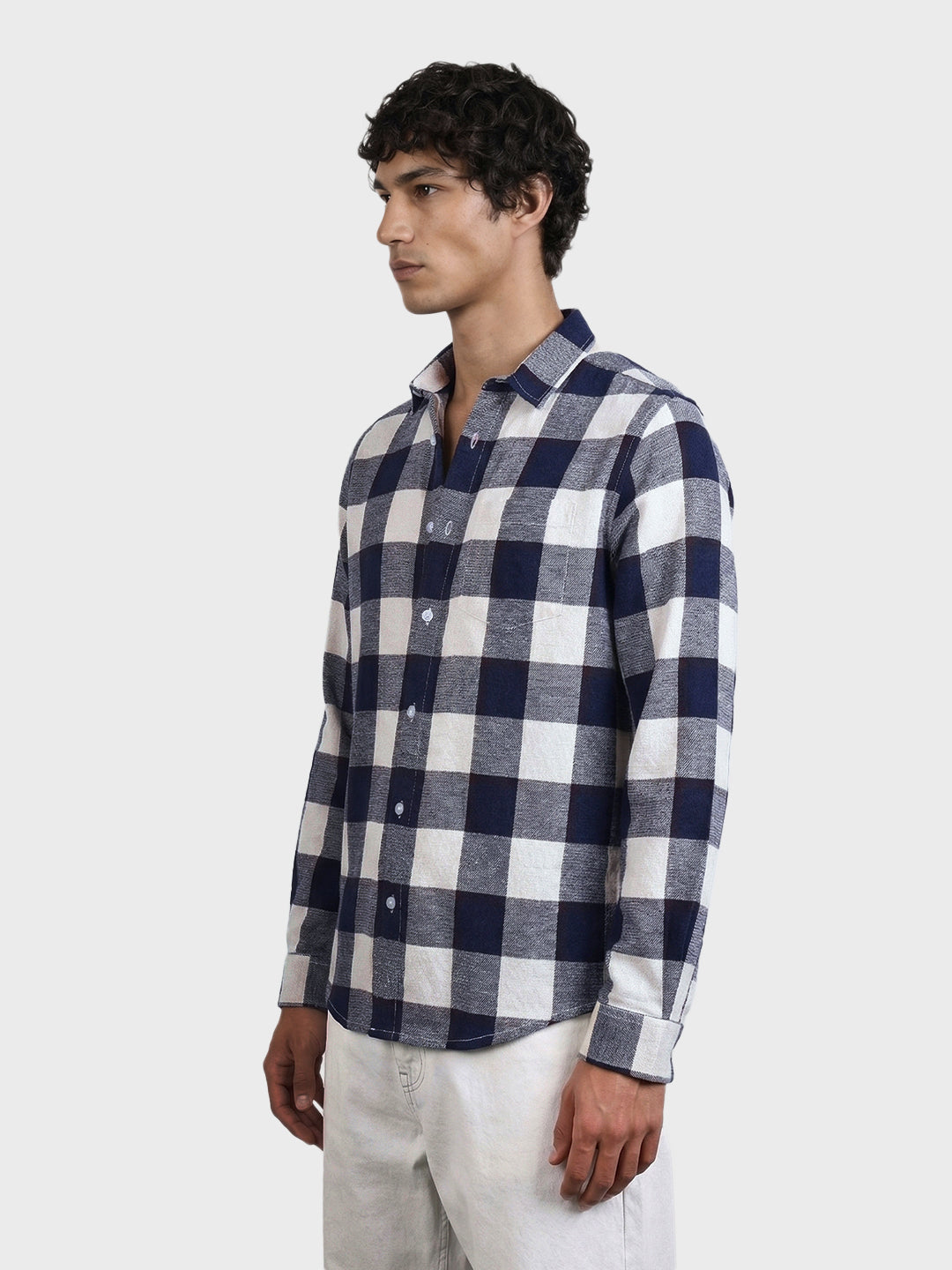 Men's Navy Blue Slim Fit Checked Casual Shirt