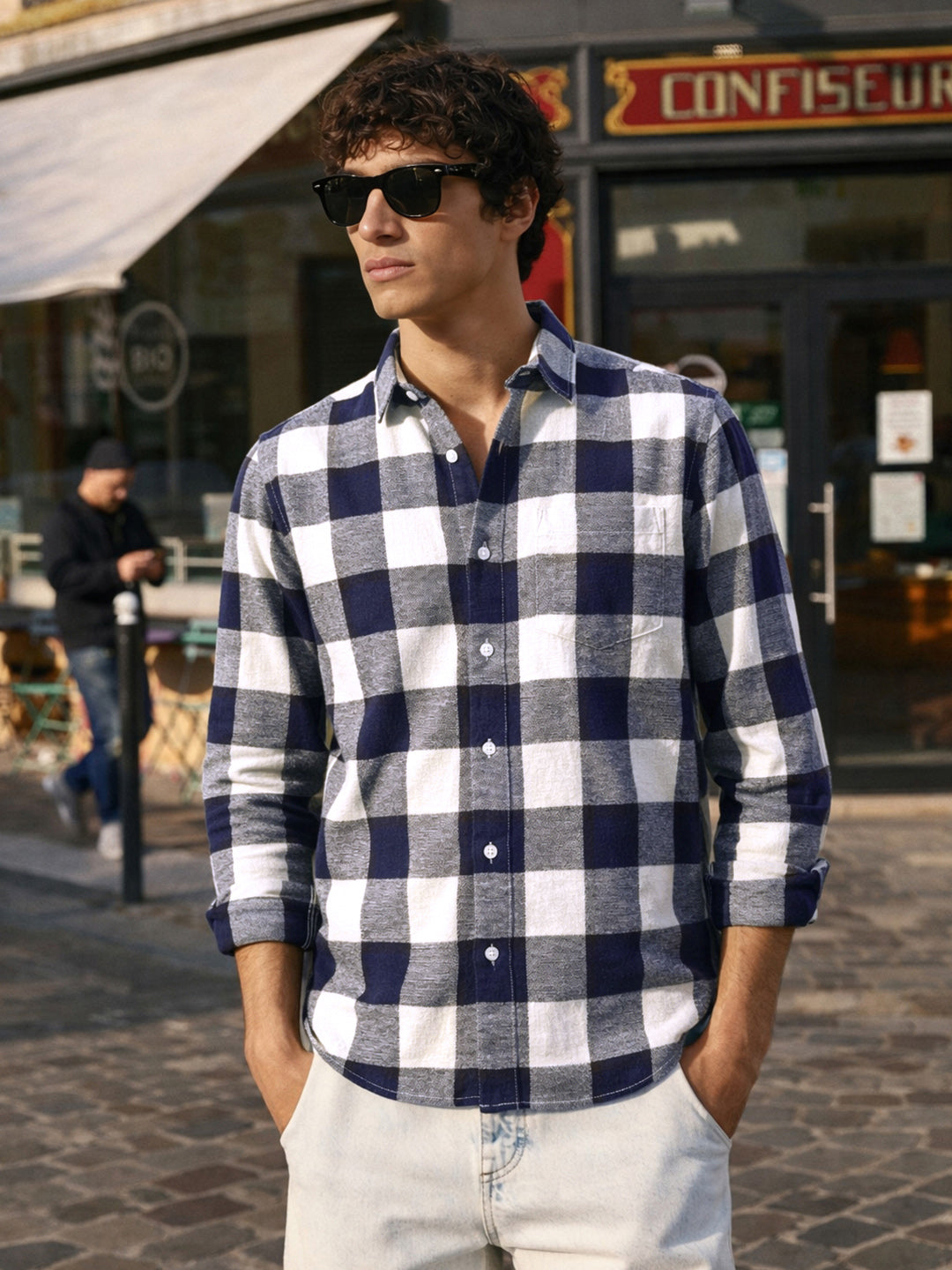 Men's Navy Blue Slim Fit Checked Casual Shirt