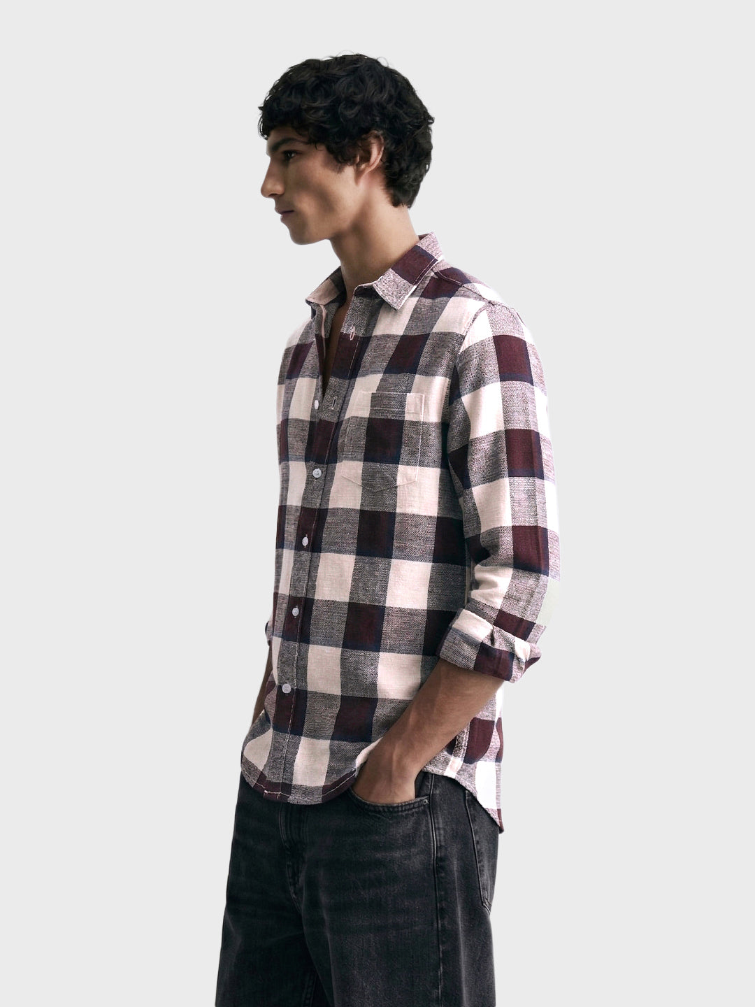 Men's Maroon Slim Fit Checked Casual Shirt