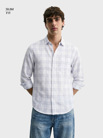 Men's White Slim Fit Checked Casual Shirt