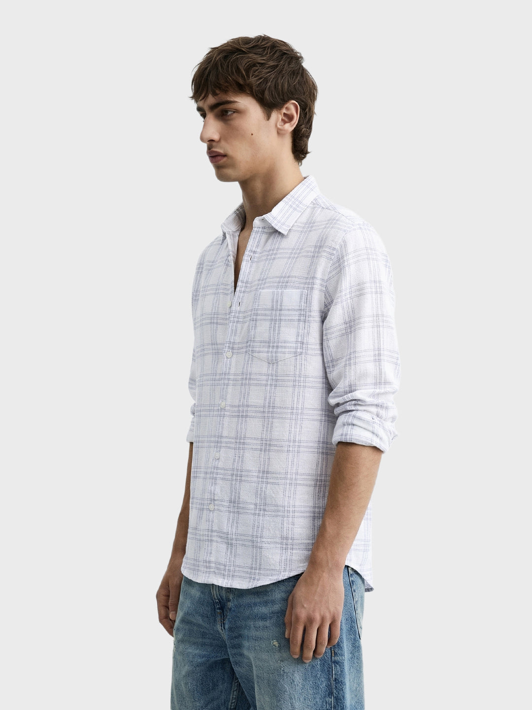 Men's White Slim Fit Checked Casual Shirt