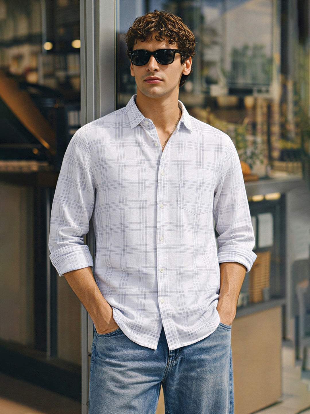 Men's White Slim Fit Checked Casual Shirt
