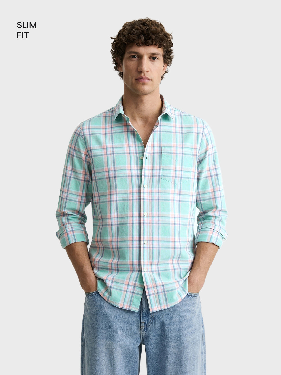 Men's Green Slim Fit Checked Casual Shirt