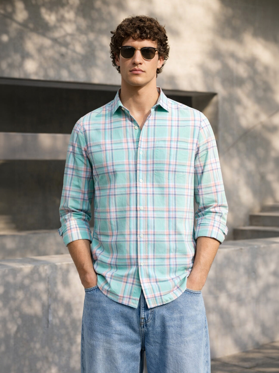 Men's Green Slim Fit Checked Casual Shirt