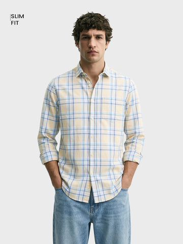 Men's Cream Slim Fit Checked Casual Shirt
