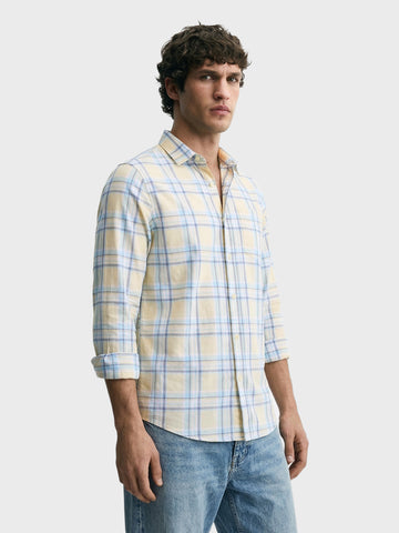 Men's Cream Slim Fit Checked Casual Shirt