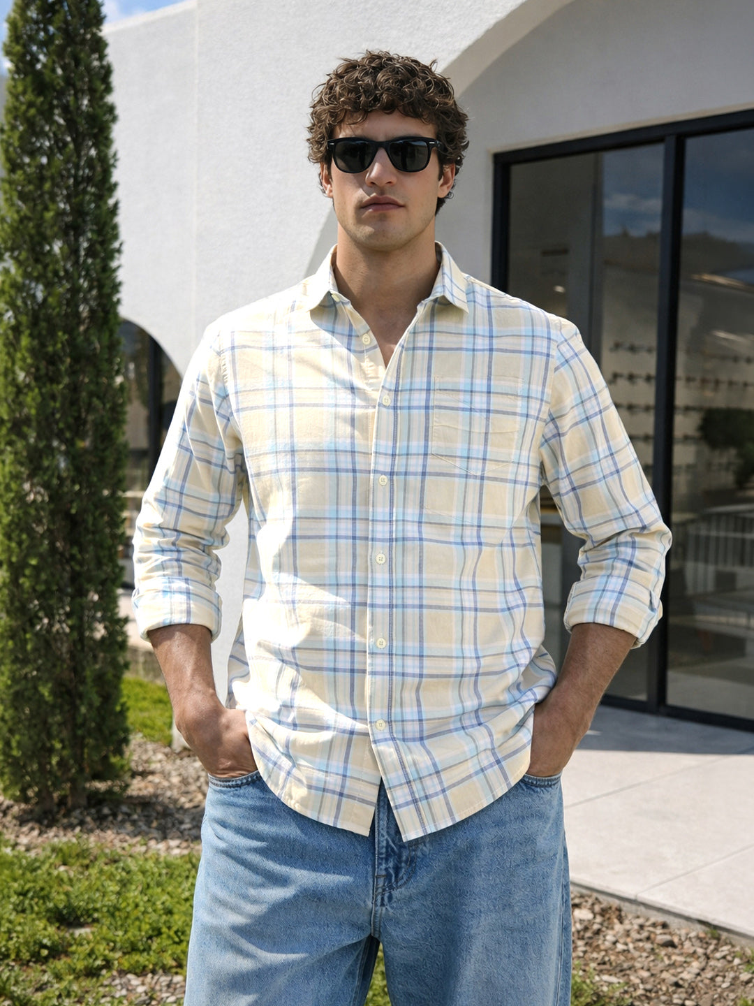 Men's Cream Slim Fit Checked Casual Shirt