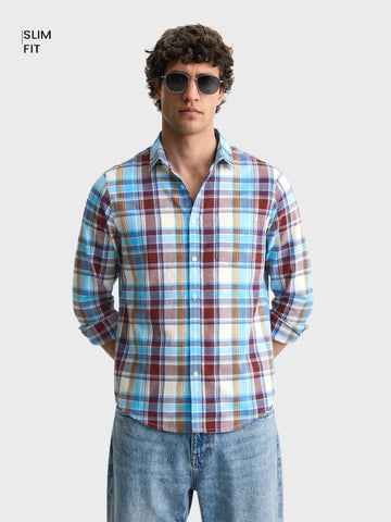 Men's Blue Slim Fit Checked Casual Shirt