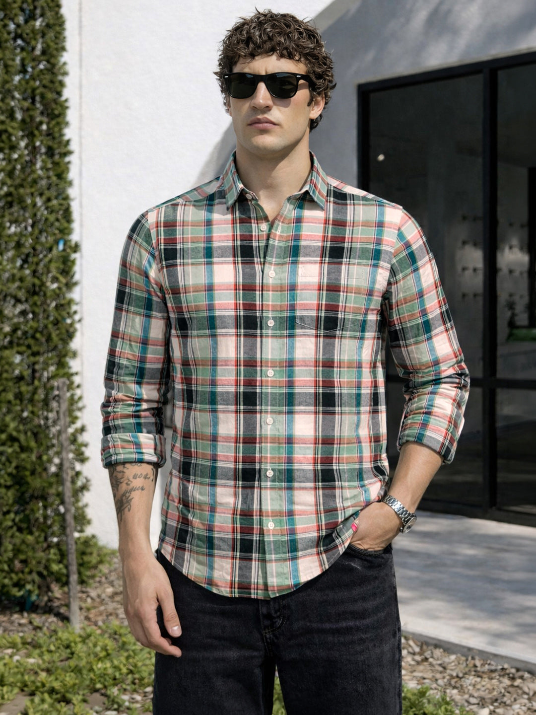 Men's Green Slim Fit Checked Casual Shirt