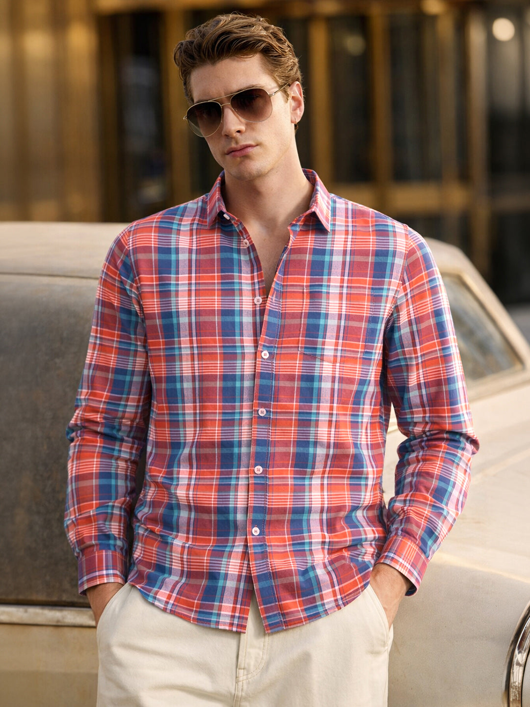 Men's Red Slim Fit Checked Casual Shirt