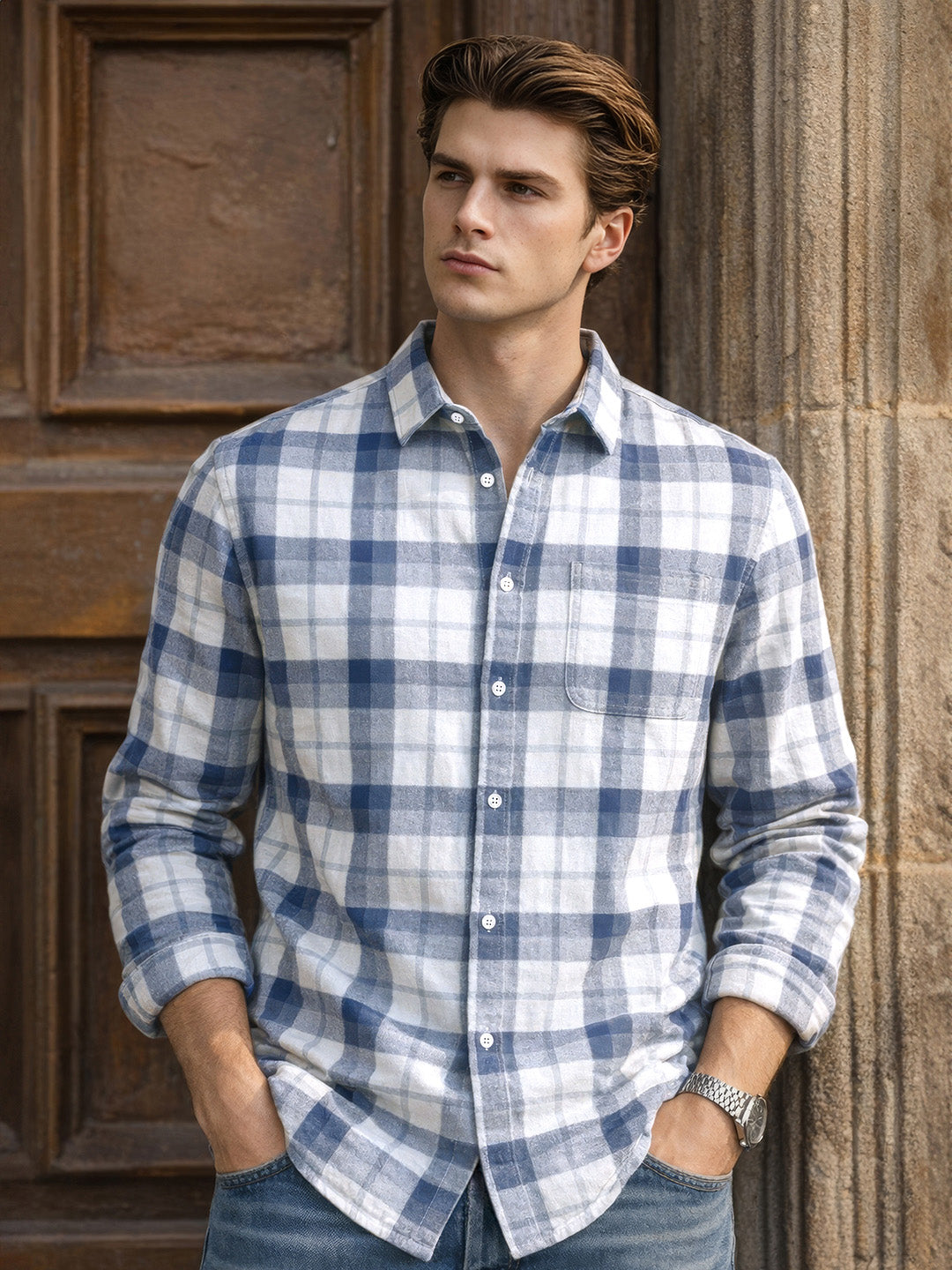 Men's Teal Slim Fit Checkered Casual Shirt