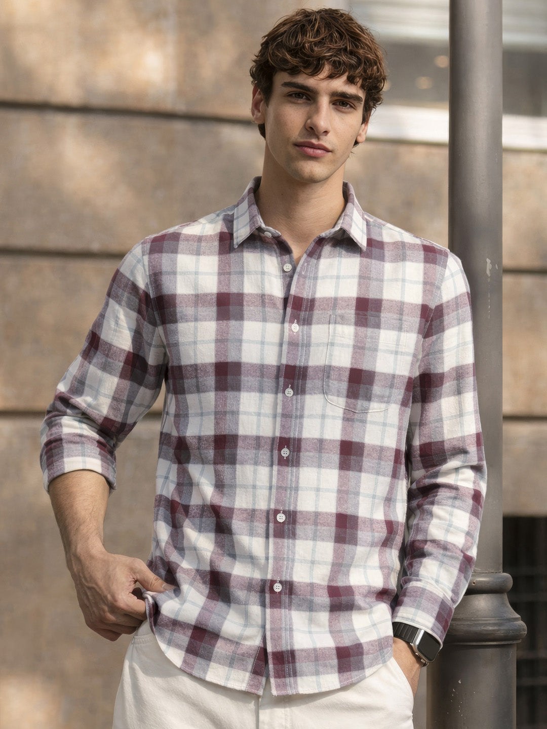 Men's Brown Slim Fit Checkered Casual Shirt