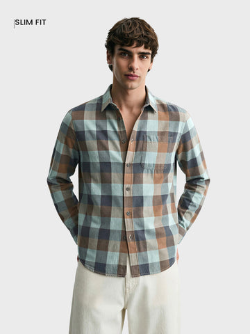 Men's Brown Slim Fit Checkered Casual Shirt