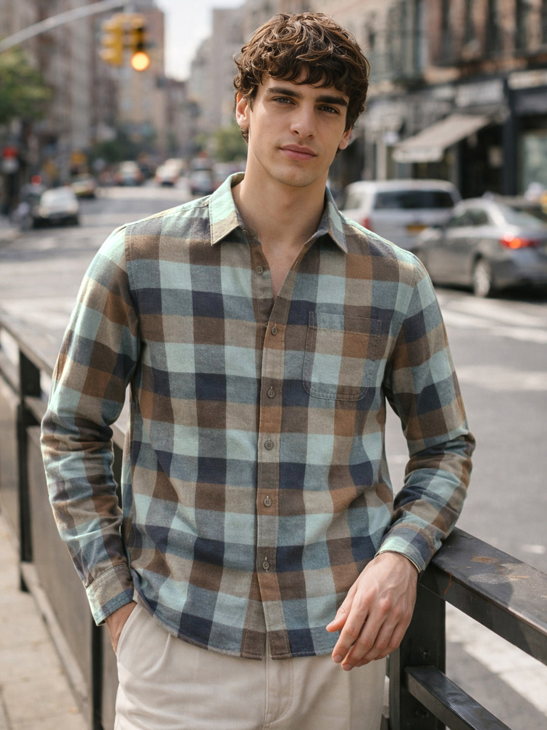 Men's Brown Slim Fit Checkered Casual Shirt