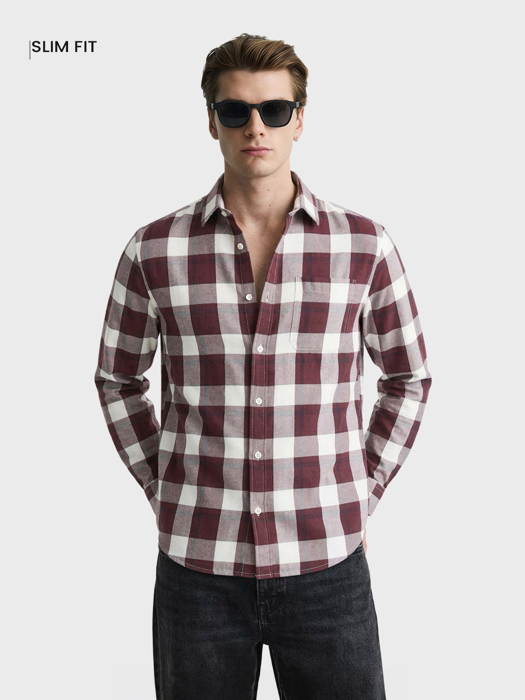 Men's Maroon Slim Fit Checkered Casual Shirt