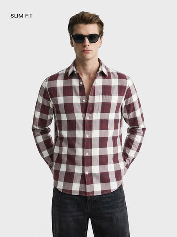 Men's Maroon Slim Fit Checkered Casual Shirt