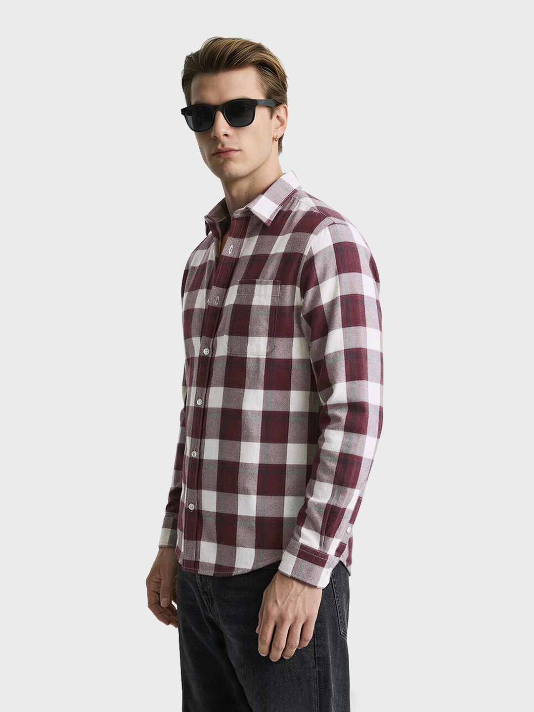 Men's Maroon Slim Fit Checkered Casual Shirt
