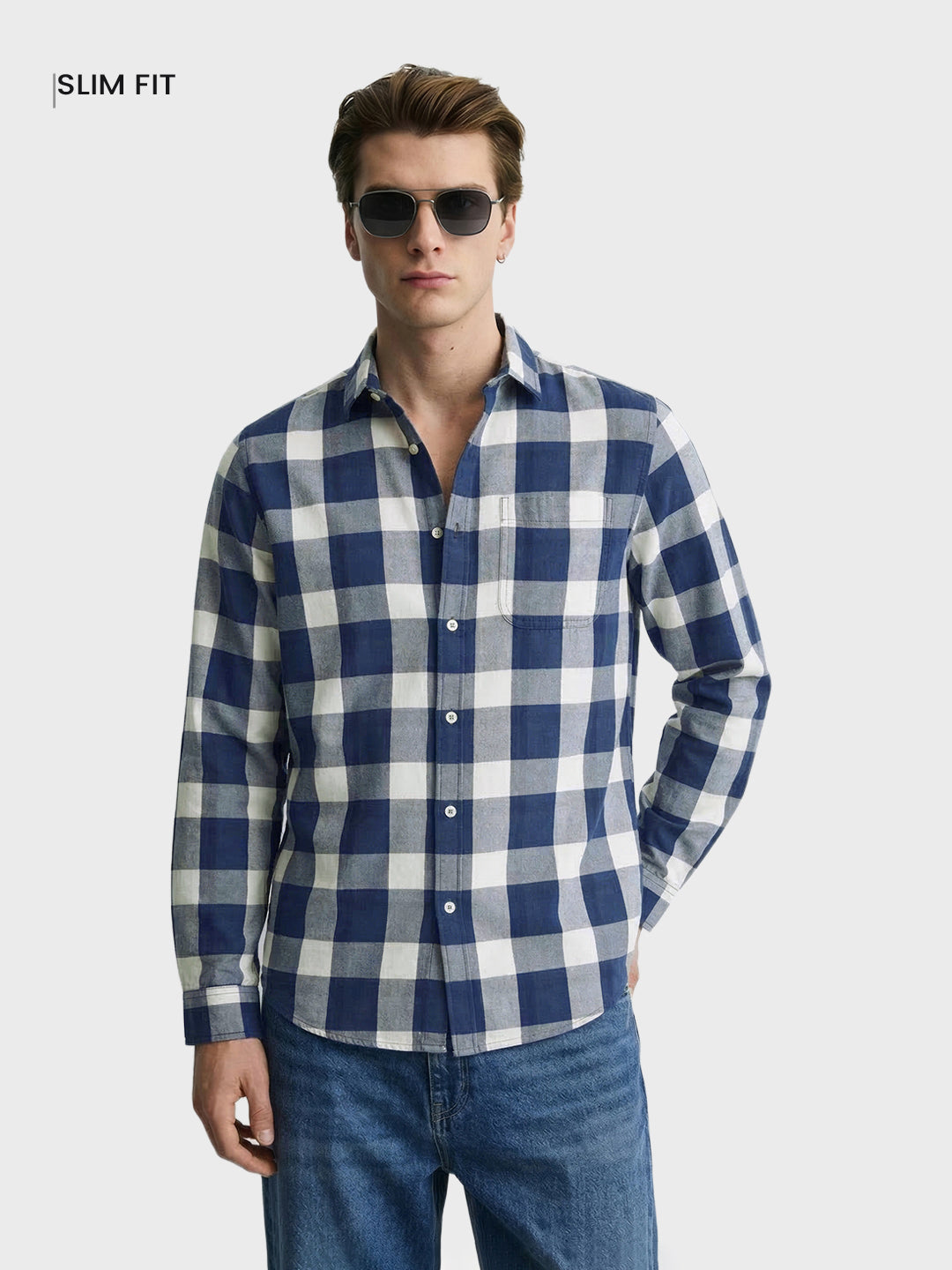 Men's Blue Slim Fit Checkered Casual Shirt