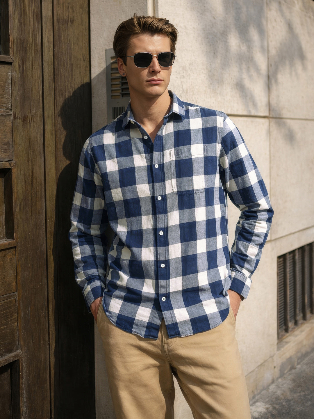Men's Blue Slim Fit Checkered Casual Shirt