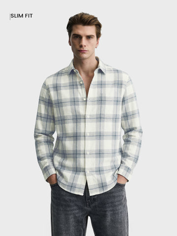 Men's Cream Slim Fit Checkered Casual Shirt